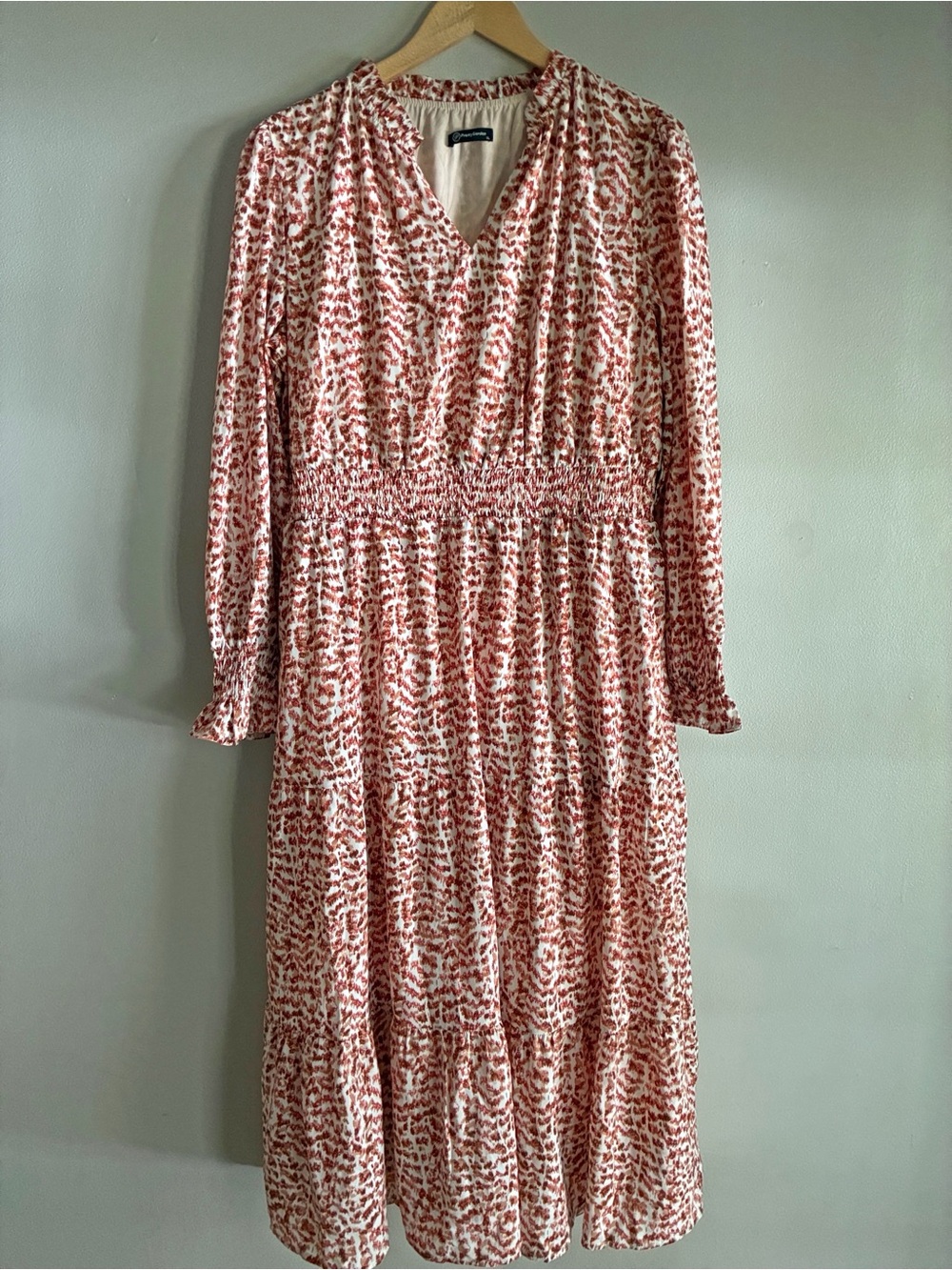 PrettyGarden XL Rust Cream Printed Smocked Waist Tiered Maxi Dress Boho Fall - Picture 2 of 7